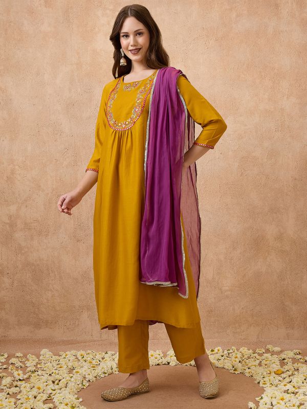 Globus Women Yellow Sequin Embroidered Yoke Gathered A-Line Kurta With Pant & Dupatta Festive set