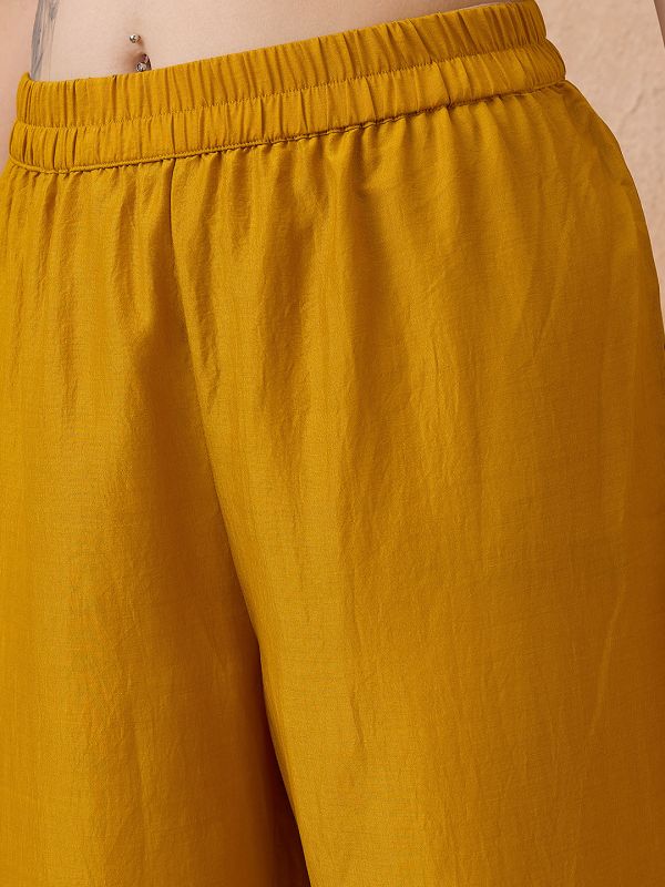Globus Women Yellow Sequin Embroidered Yoke Gathered A-Line Kurta With Pant & Dupatta Festive set