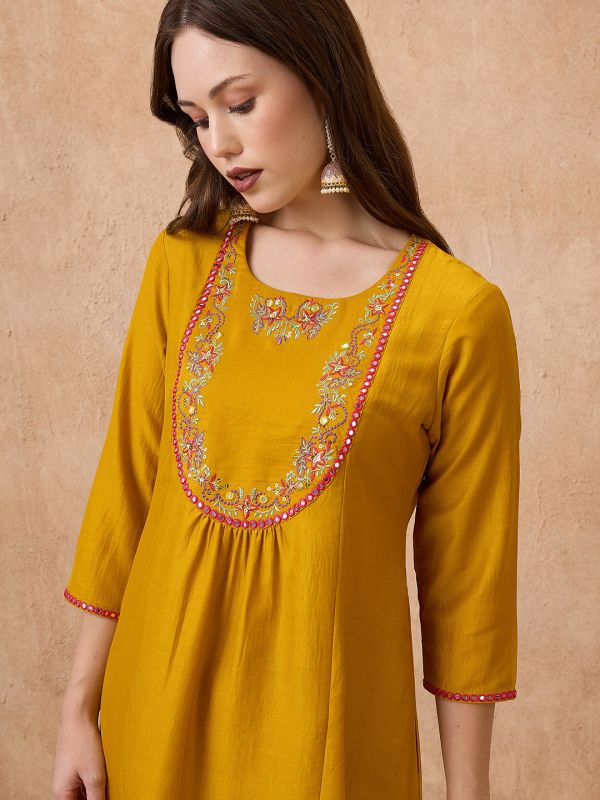 Globus Women Yellow Sequin Embroidered Yoke Gathered A-Line Kurta With Pant & Dupatta Festive set