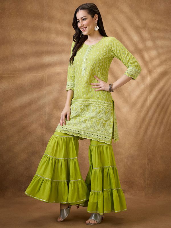 Globus Women Green Sequinned Embroidered Scalloped Hem Straight Kurta With Gotta Lace Gharara Festive Set