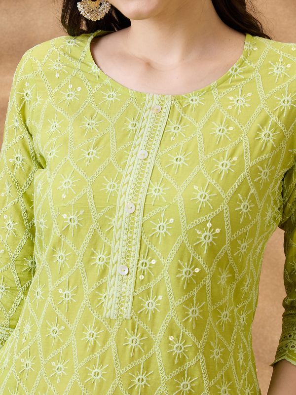 Globus Women Green Sequinned Embroidered Scalloped Hem Straight Kurta With Gotta Lace Gharara Festive Set