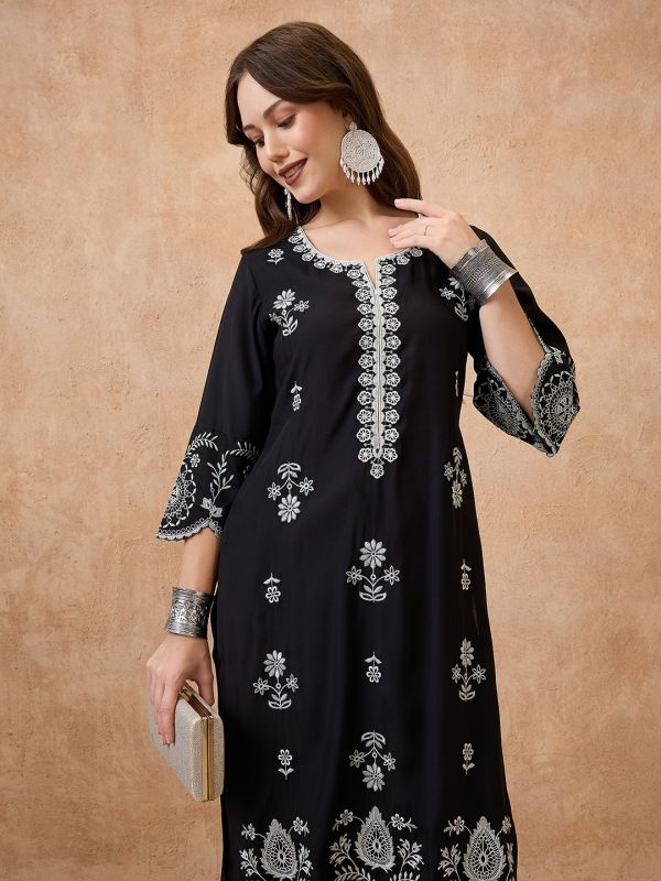 Globus Women Black Scalloped Hem Bell Sleeves Floral Embroidered Kurta & Straight Pant Festive Set