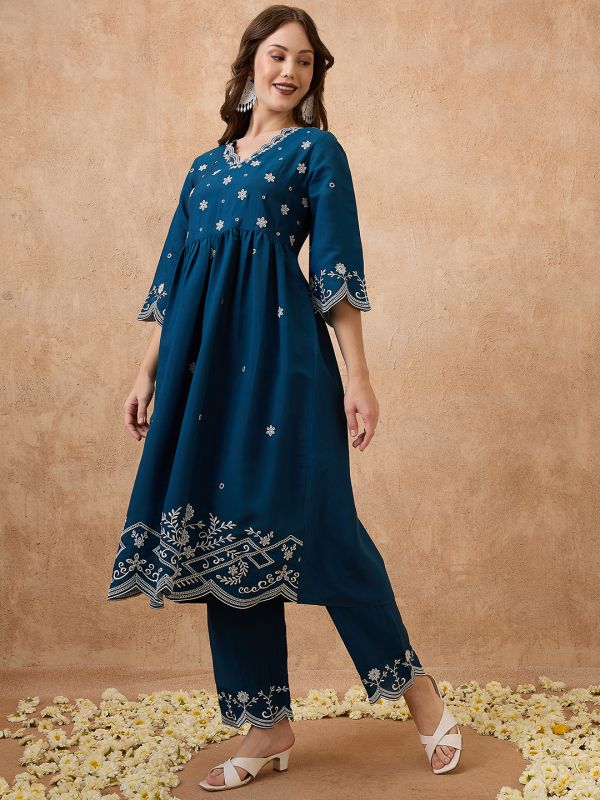 Globus Women Navy Blue Floral Embroidered Work V-Neck Scalloped Hem A-Line Kurta With Pant Festive Set