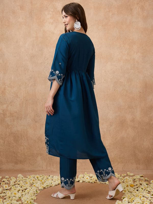 Globus Women Navy Blue Floral Embroidered Work V-Neck Scalloped Hem A-Line Kurta With Pant Festive Set