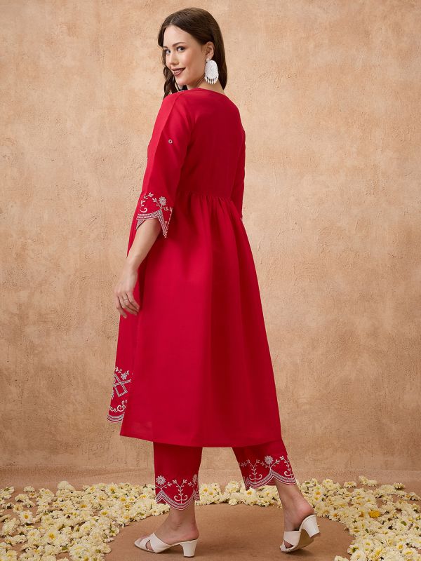 Globus Women Pink Floral Embroidered Work V-Neck Scalloped Hem A-Line Kurta With Pant Festive Set