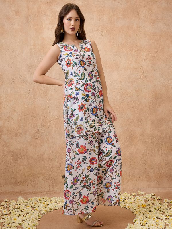 Globus Women White Round Neck Floral Print Lace Insert Tunic with Palazzos Festive Co-Ord Set
