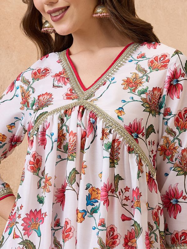 Globus Women White V-Neck Gotta Patti Floral Print Tunic with Wide Leg Pants Festive Co-Ord Set