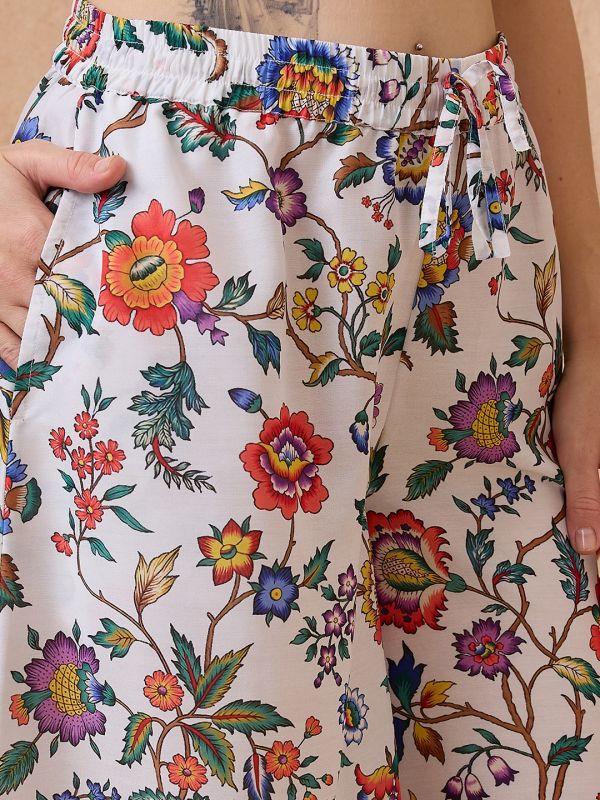 Globus Women White V-Neck Gotta Patti Floral Print Tunic with Wide Leg Pants Festive Co-Ord Set