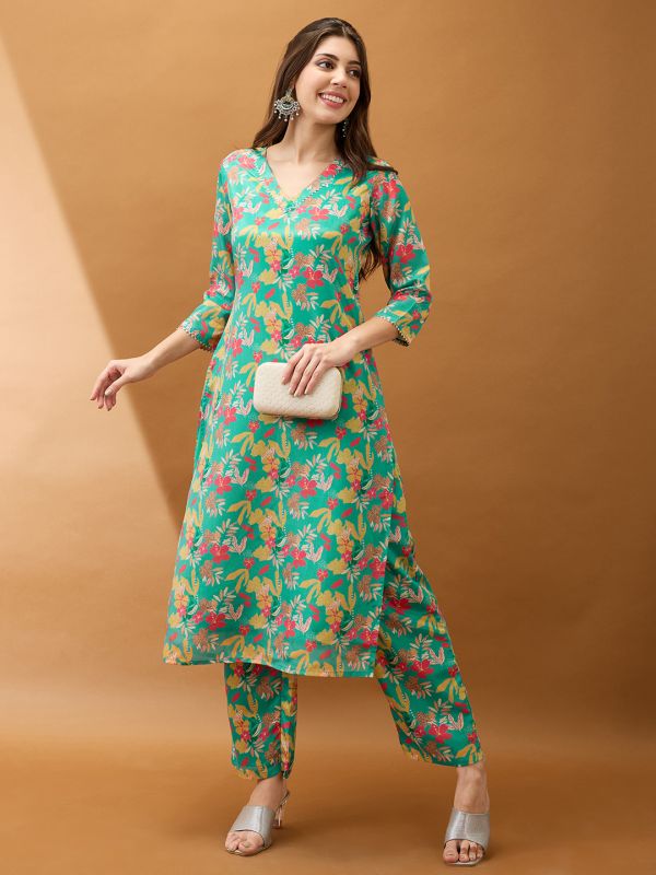 Globus Women Green Floral Printed V-Neck Gotta Lace Straight Kurta With Pant Set