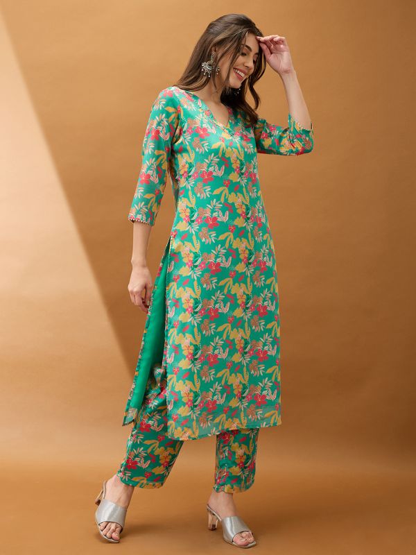 Globus Women Green Floral Printed V-Neck Gotta Lace Straight Kurta With Pant Set