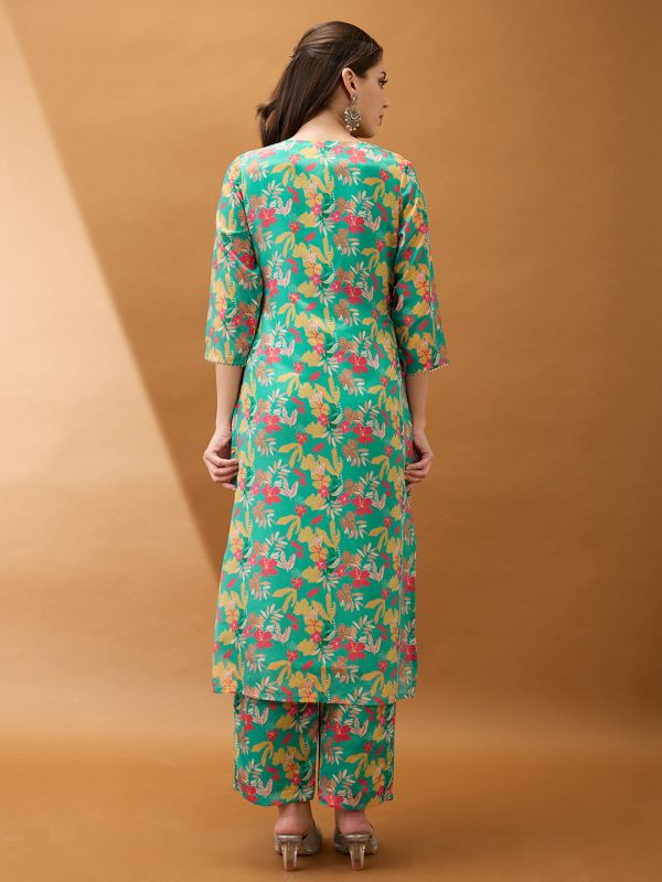Globus Women Green Floral Printed V-Neck Gotta Lace Straight Kurta With Pant Set
