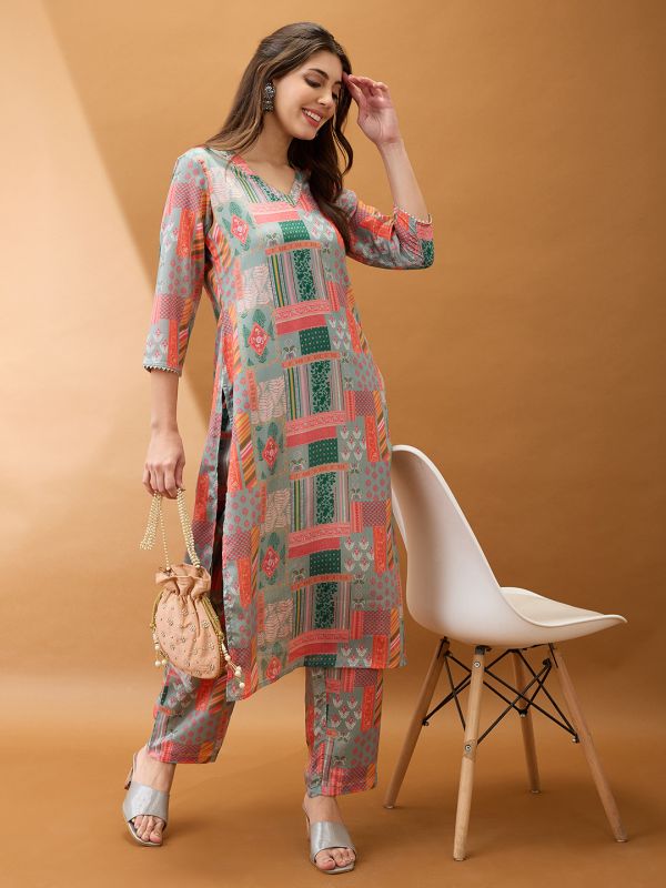 Globus Women Multicolor Floral Printed V-Neck Gotta Lace Straight Kurta With Pant Set