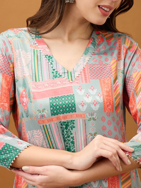 Globus Women Multicolor Floral Printed V-Neck Gotta Lace Straight Kurta With Pant Set