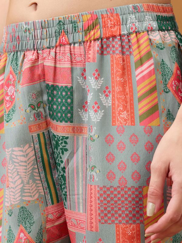 Globus Women Multicolor Floral Printed V-Neck Gotta Lace Straight Kurta With Pant Set