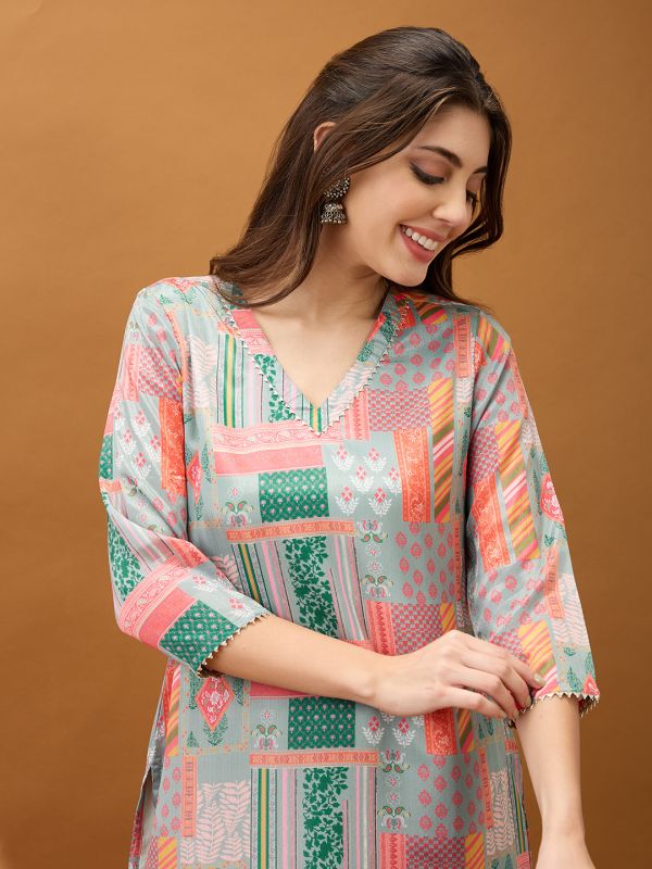 Globus Women Multicolor Floral Printed V-Neck Gotta Lace Straight Kurta With Pant Set