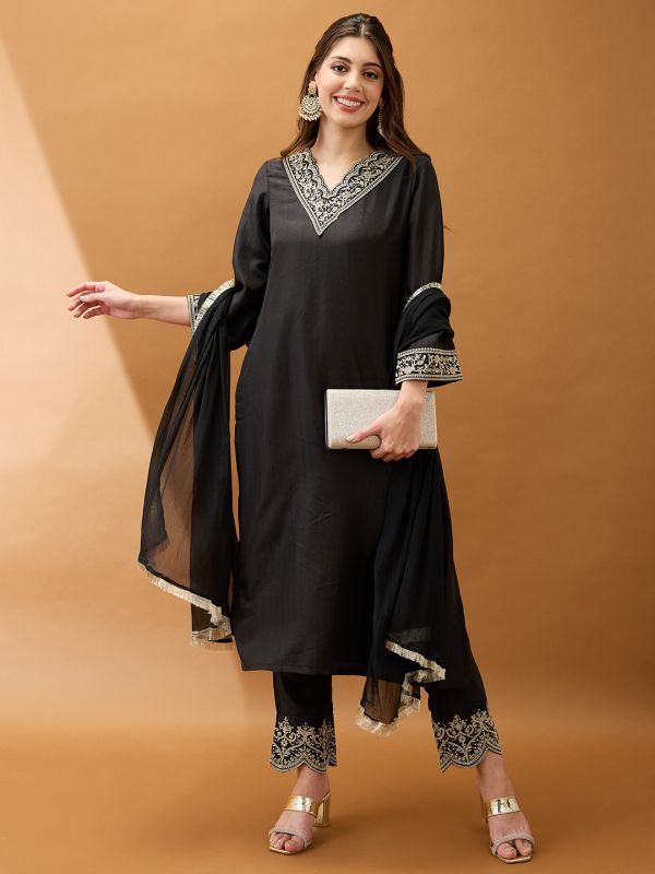 Globus Women Black Sequinned Zari Embroidered V-Neck Bell Sleeves Kurta With Pant & Dupatta Festive Set