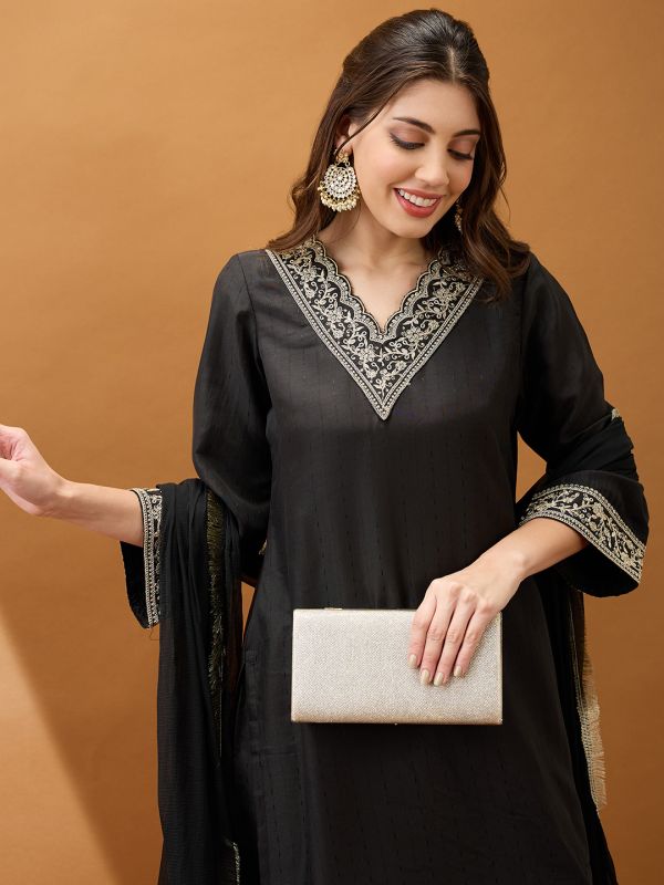 Globus Women Black Sequinned Zari Embroidered V-Neck Bell Sleeves Kurta With Pant & Dupatta Festive Set