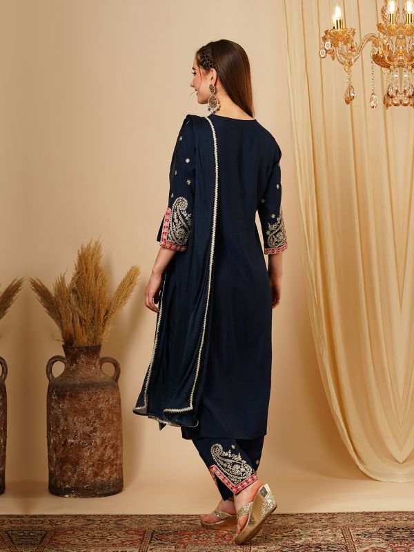 Globus Women Navy Blue Paisley Embroidered & Gotta Lace Yoke Kurta, Trousers & Dupatta Festive Set
