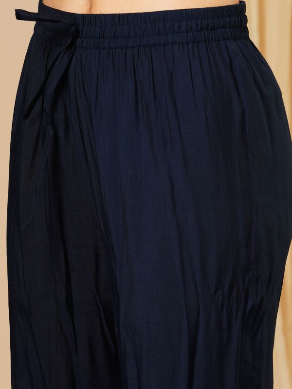 Globus Women Navy Blue Paisley Embroidered & Gotta Lace Yoke Kurta, Trousers & Dupatta Festive Set