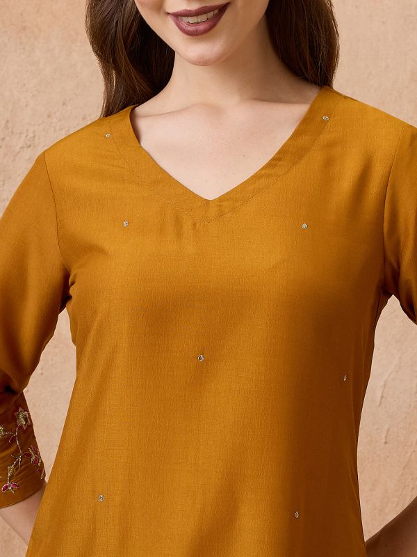 Globus Women Mustard V-Neck Sequinned Straight Kurta With Pant & Contrast Dupatta Festive Set