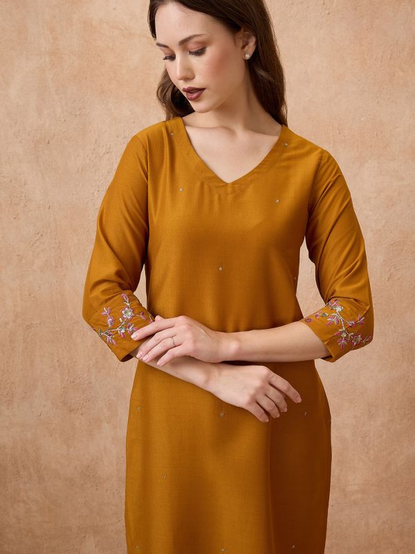 Globus Women Mustard V-Neck Sequinned Straight Kurta With Pant & Contrast Dupatta Festive Set