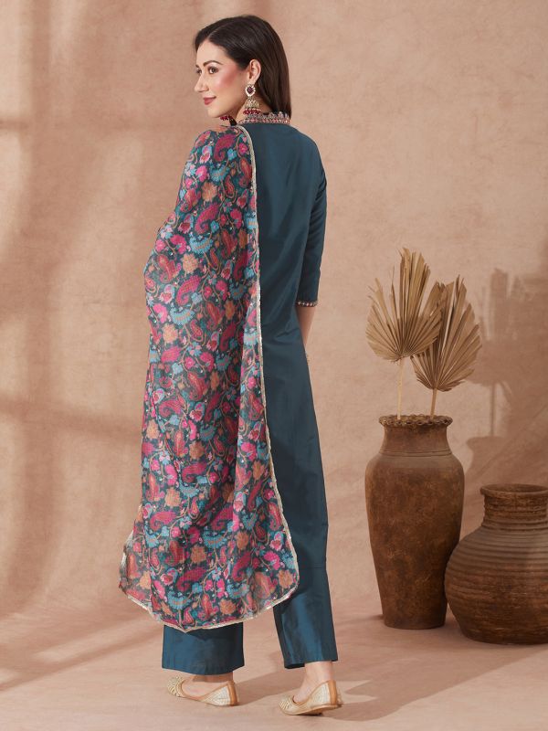 Globus Women Teal Embroidered V-Neck Straight Kurta With Trouser & Paisley Printed Sequin Lace Dupatta Festive Set