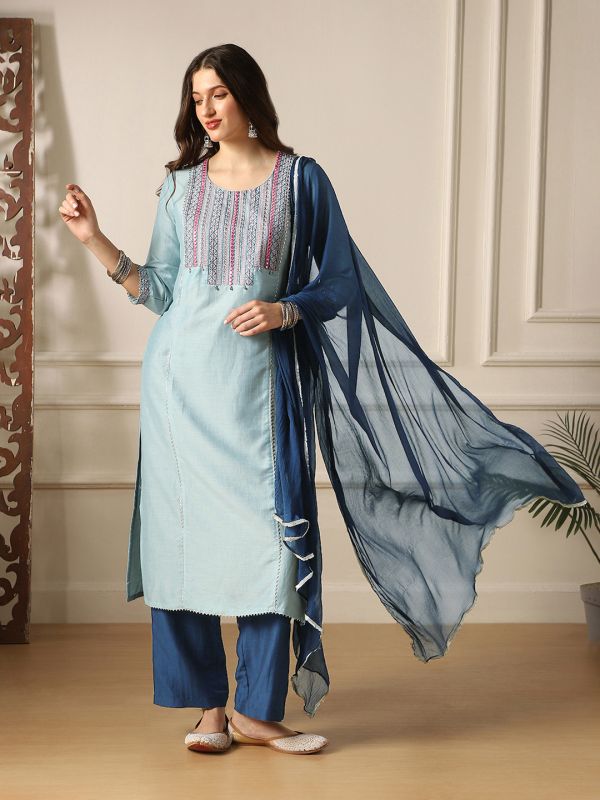 Globus Women Round Neck Embroidered Yoke Straight Kurta With Pant & Dupatta Festive Set