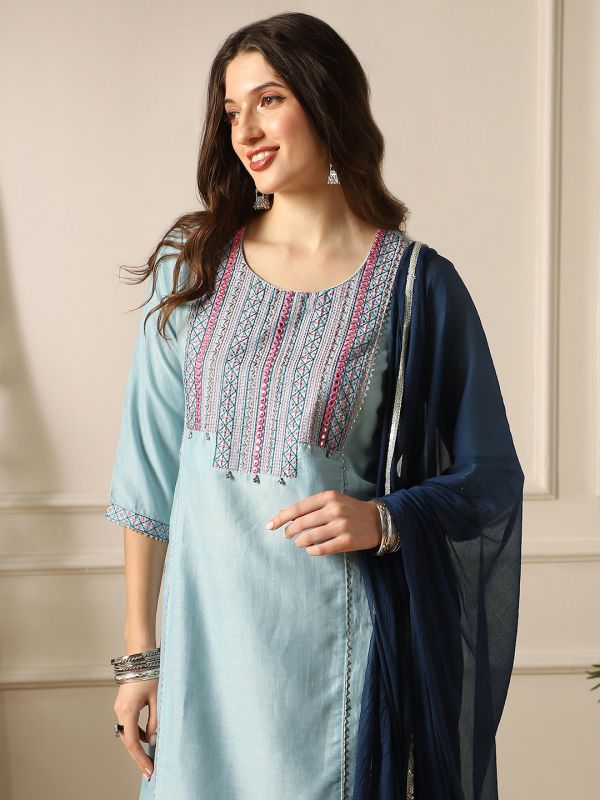 Globus Women Round Neck Embroidered Yoke Straight Kurta With Pant & Dupatta Festive Set