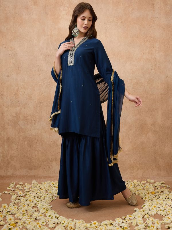 Globus Women Navy Blue Sequin Lace Detail V-Neck Straight Kurta With Sharara & Dupatta Festive Set