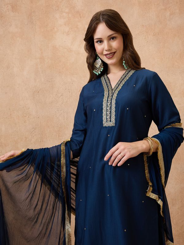 Globus Women Navy Blue Sequin Lace Detail V-Neck Straight Kurta With Sharara & Dupatta Festive Set