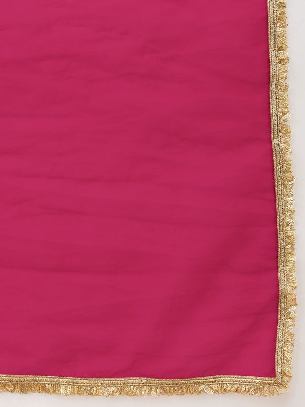 Globus Women Peach Sequinned Embroidered V-Neck Asymmetric Hem A-Line Kurta With Palazzos & Contrast Dupatta Set.