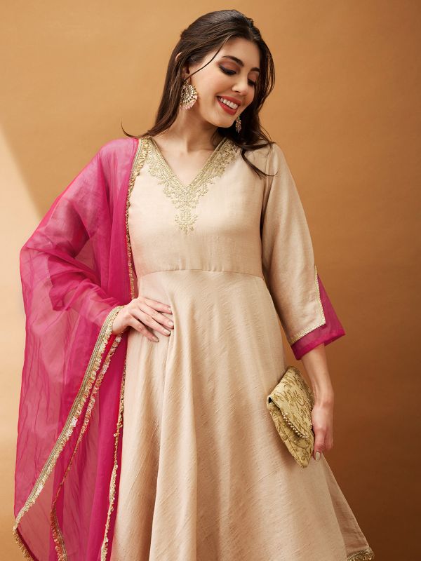 Globus Women Peach Sequinned Embroidered V-Neck Asymmetric Hem A-Line Kurta With Palazzos & Contrast Dupatta Set.