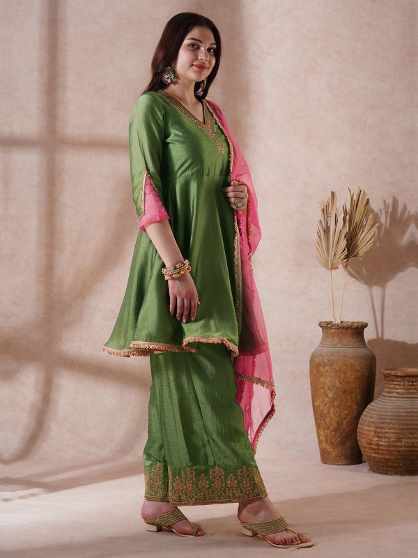 Globus Women Green Embroidered V-Neck Gotta Lace A-Line Kurta With Palazzos & Sequin Taping Dupatta Festive Set