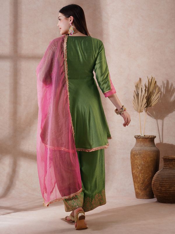 Globus Women Green Embroidered V-Neck Gotta Lace A-Line Kurta With Palazzos & Sequin Taping Dupatta Festive Set