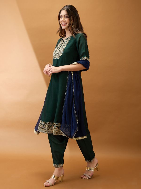 Globus Women Green Sequinned Zari Embroidered Yoke A-Line Kurta With Pant & Contrast Dupatta Set