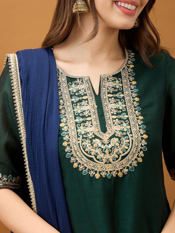 Globus Women Green Sequinned Zari Embroidered Yoke A-Line Kurta With Pant & Contrast Dupatta Set
