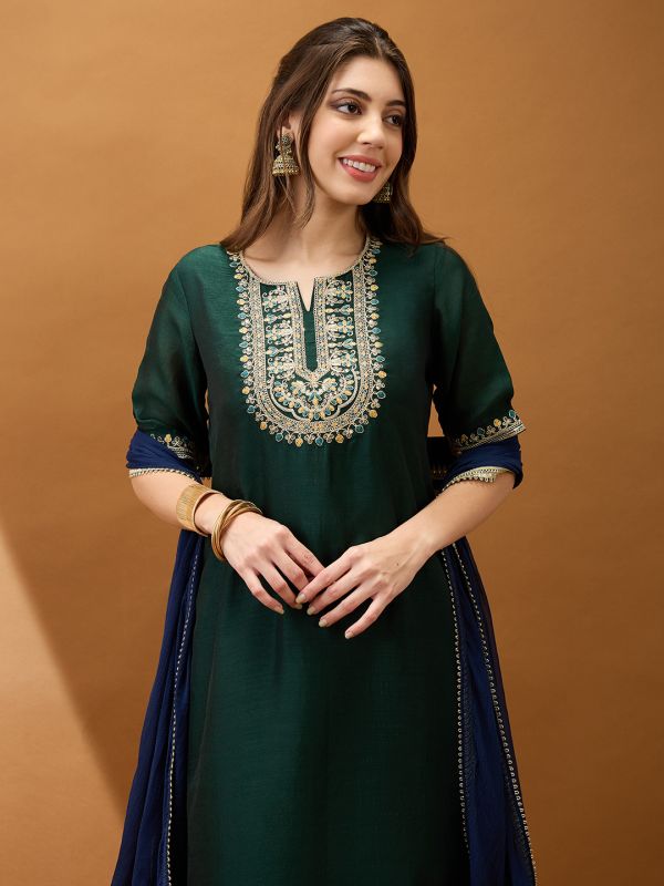 Globus Women Green Sequinned Zari Embroidered Yoke A-Line Kurta With Pant & Contrast Dupatta Set