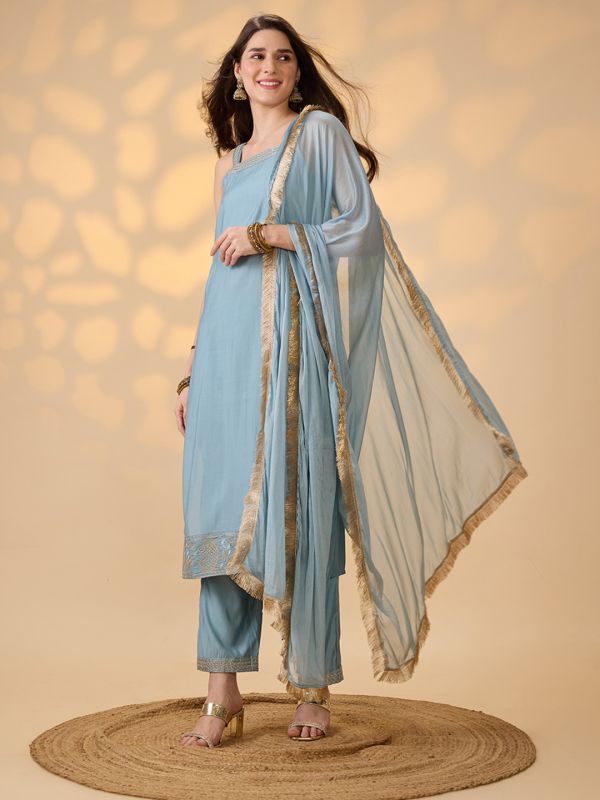 Globus Women Blue Square Neck Shoulder Straps Embroidered Detail Straight Kurta With Pants & Fringed Dupatta Festive Set