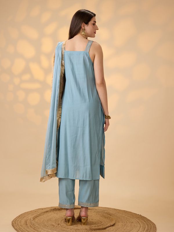 Globus Women Blue Square Neck Shoulder Straps Embroidered Detail Straight Kurta With Pants & Fringed Dupatta Festive Set