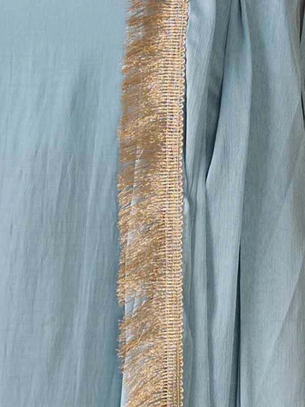 Globus Women Blue Square Neck Shoulder Straps Embroidered Detail Straight Kurta With Pants & Fringed Dupatta Festive Set