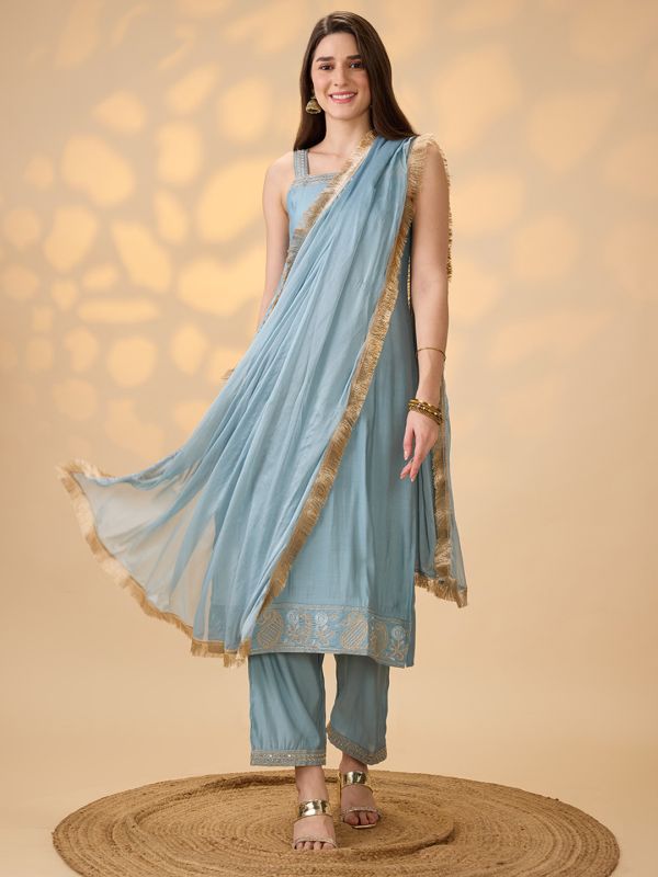 Globus Women Blue Square Neck Shoulder Straps Embroidered Detail Straight Kurta With Pants & Fringed Dupatta Festive Set