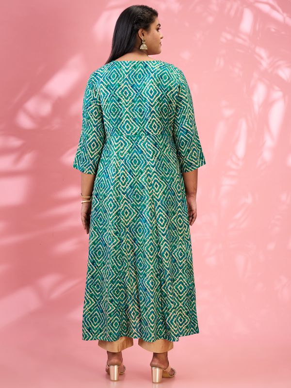 Globus Gloplus Women Green Round Embroidered Yoke Geometric Print Flared Hem Plus Size A-Line Kurta