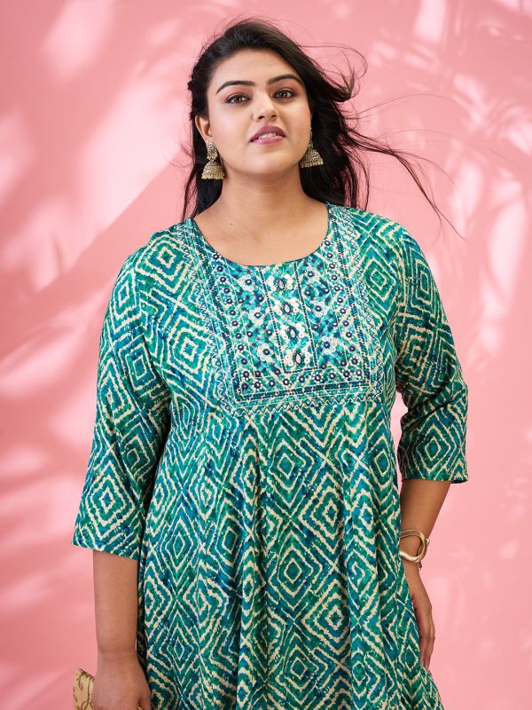 Globus Gloplus Women Green Round Embroidered Yoke Geometric Print Flared Hem Plus Size A-Line Kurta