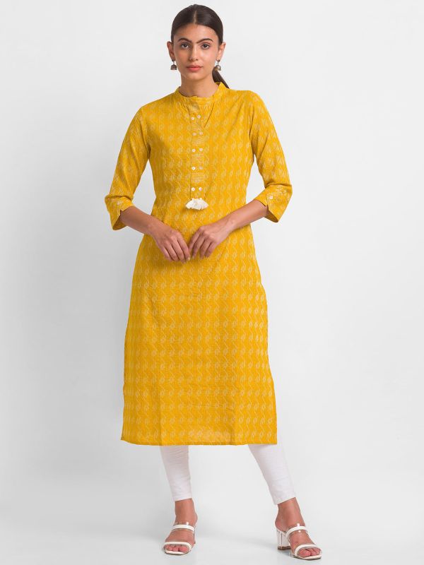 Globus Women Yellow Geometric Thread Work Straight Calf Length Kurta