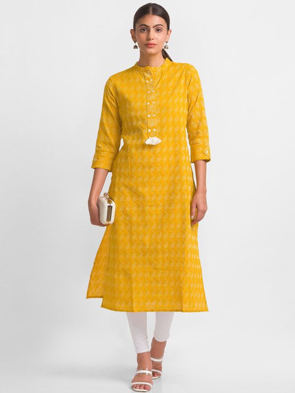 Globus Women Yellow Geometric Thread Work Straight Calf Length Kurta