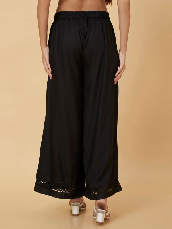 Globus Women Black Floral Lace Hem Design Flared Ethnic Palazzos