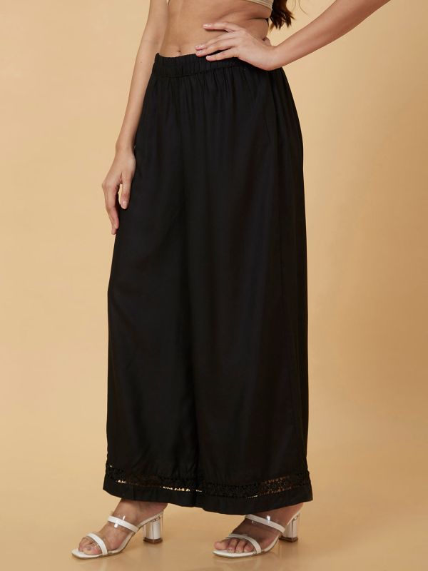 Globus Women Black Floral Lace Hem Design Flared Ethnic Palazzos