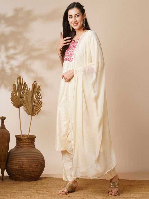 Globus Women Off White Embroidered Yoke Silver Foil Printed A-Line Kurta With Narrow Trousers & Dupatta