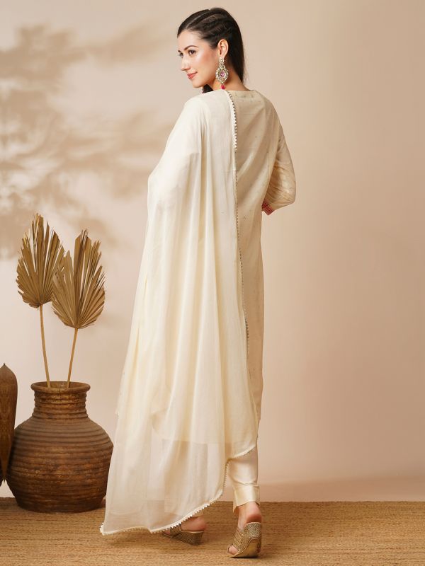 Globus Women Off White Embroidered Yoke Silver Foil Printed A-Line Kurta With Narrow Trousers & Dupatta