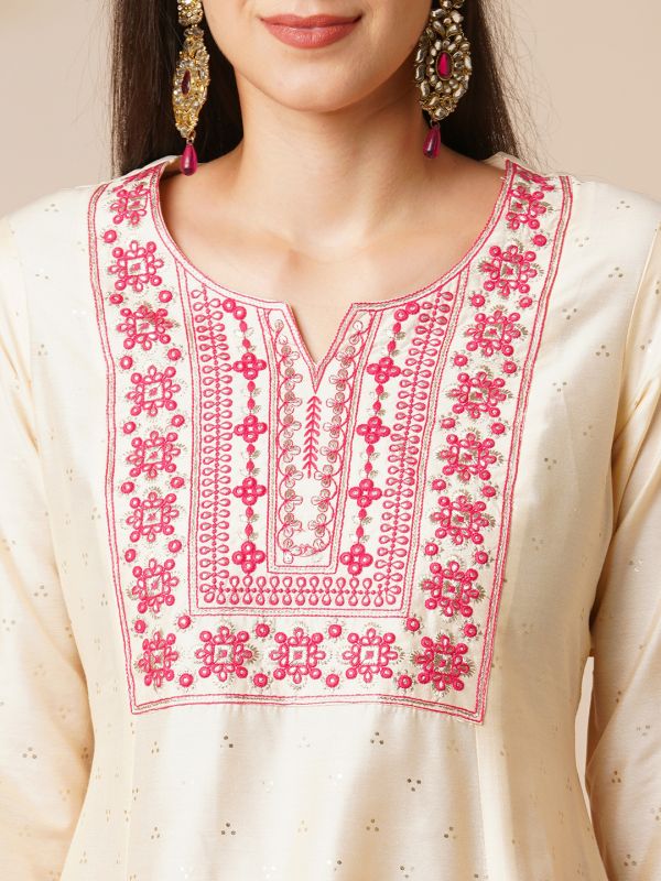 Globus Women Off White Embroidered Yoke Silver Foil Printed A-Line Kurta With Narrow Trousers & Dupatta